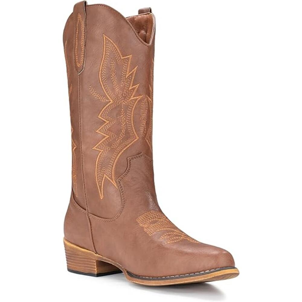 IUV Womens Size 8 Brown Faux Leather Embroidered 1.5" Heel Cowboy Boot Shoes
